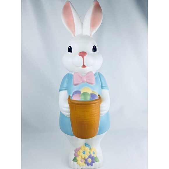 New 2024 Blue Boy Easter Bunny Rabbit Basket Flowers BLOW MOLD Lighted 24 Inch - Picture 1 of 12